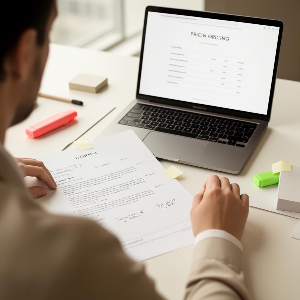 Annotated proposal pages beside a laptop showing a pricing menu