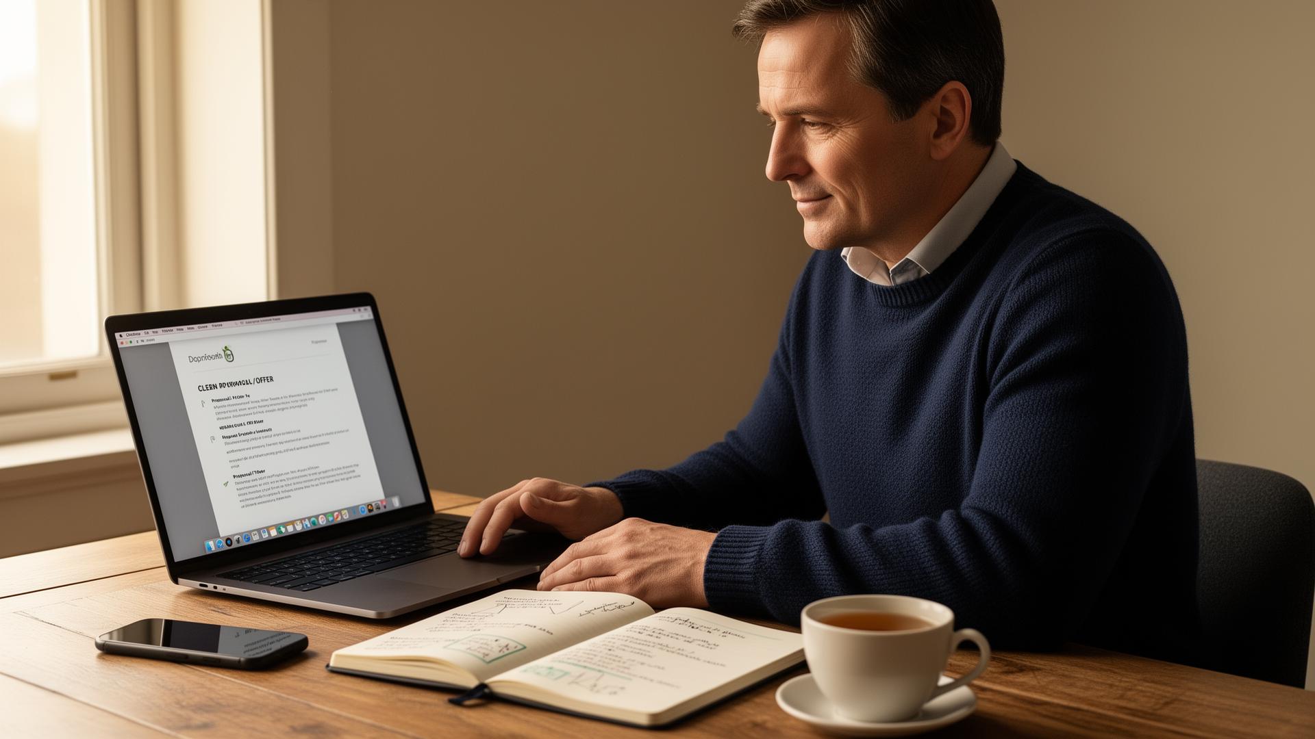 Consultant reviewing a proposal at a desk in soft morning light